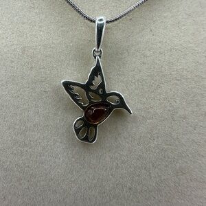 Silver and Amber Hummingbird Pendant Necklace on Silver Plated Snake Chain
